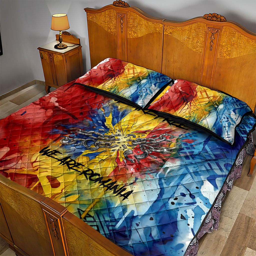 Romania We Are Free Eagle Quilt Bed Set Romanian Flag Broken Chains - Watercolor Style