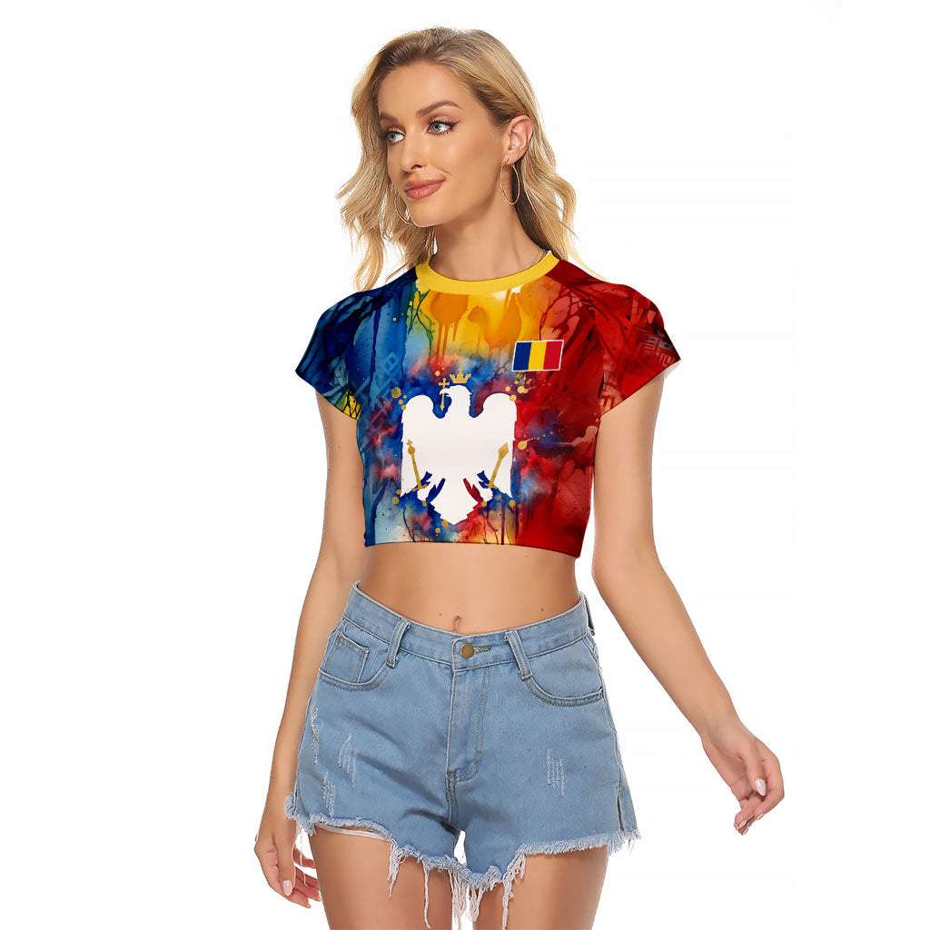 Romania We Are Free Eagle Raglan Cropped T Shirt Romanian Flag Broken Chains - Watercolor Style