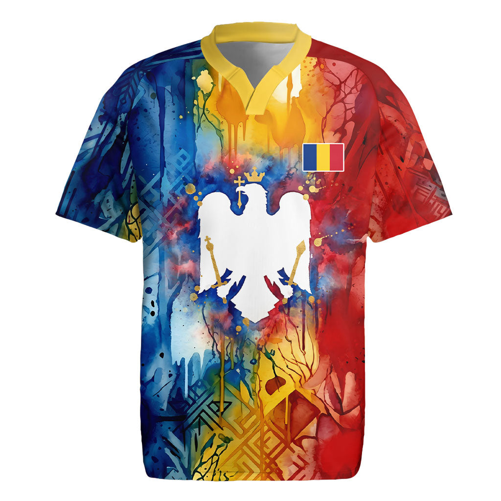 Romania We Are Free Eagle Rugby Jersey Romanian Flag Broken Chains - Watercolor Style