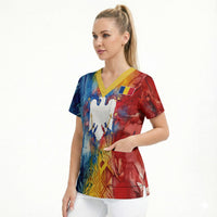 Romania We Are Free Eagle Scrub Top Romanian Flag Broken Chains - Watercolor Style