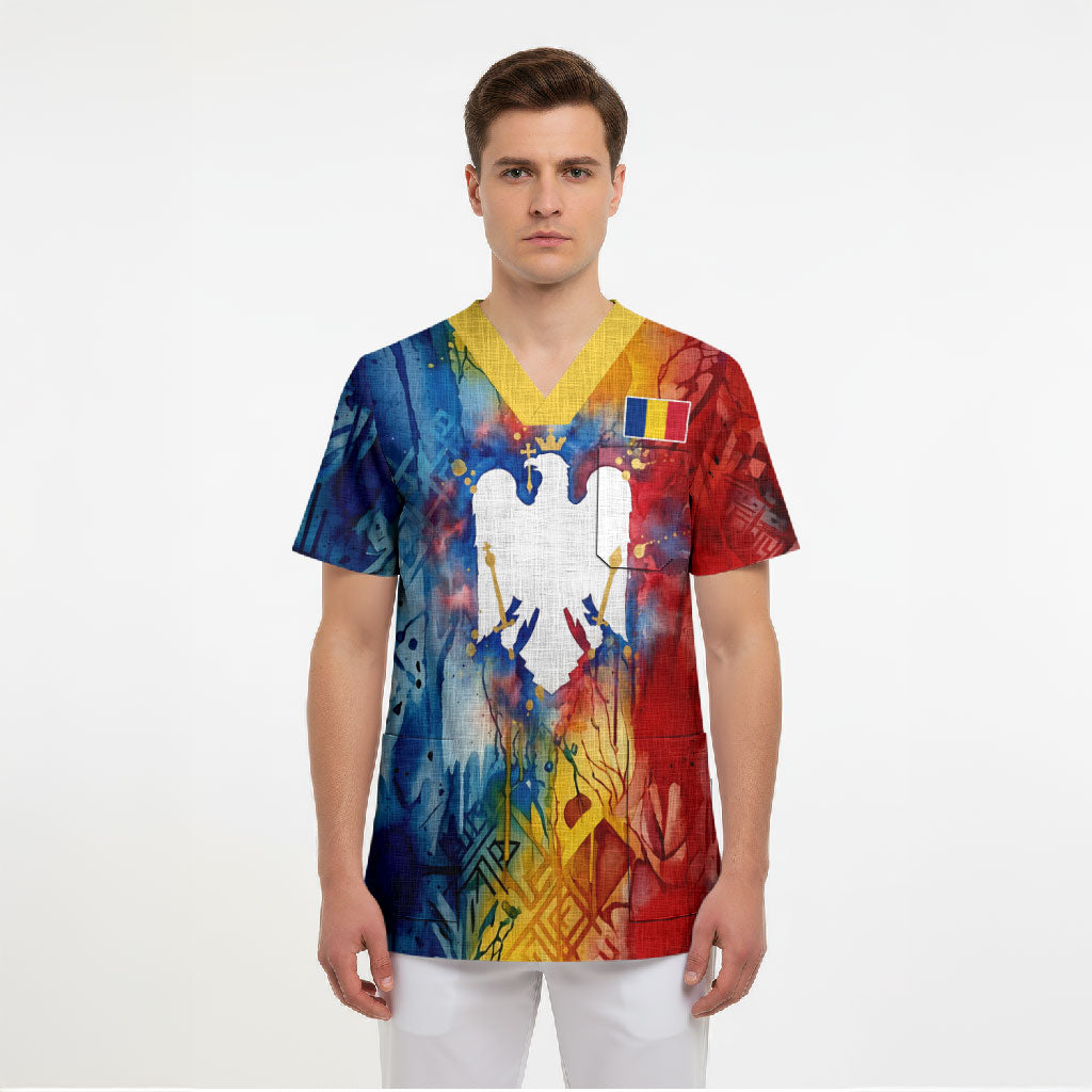 Romania We Are Free Eagle Scrub Top Romanian Flag Broken Chains - Watercolor Style