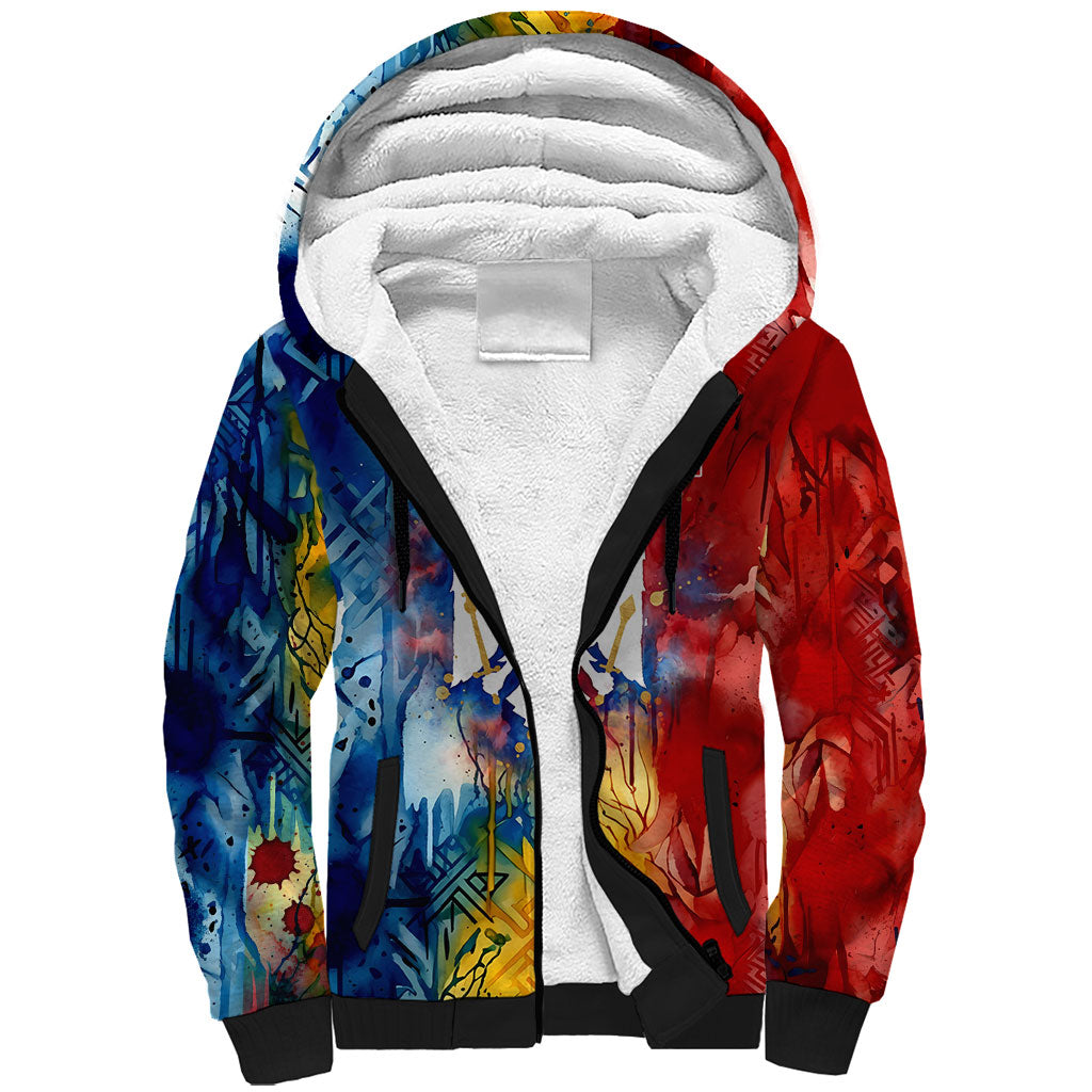 Romania We Are Free Eagle Sherpa Hoodie Romanian Flag Broken Chains - Watercolor Style