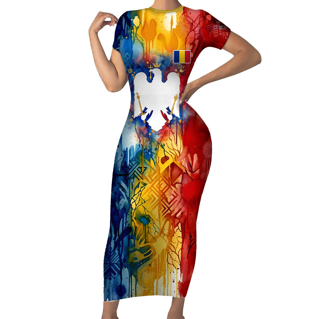 Romania We Are Free Eagle Short Sleeve Bodycon Dress Romanian Flag Broken Chains - Watercolor Style