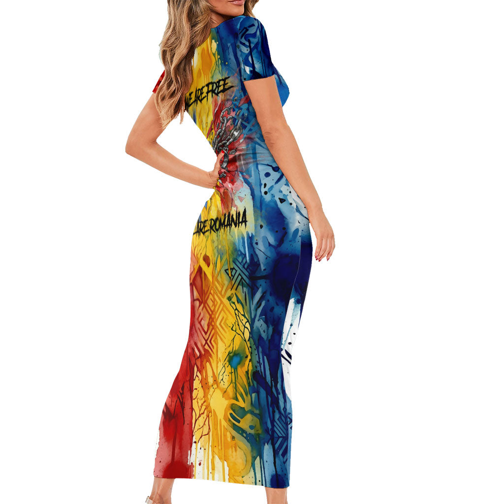 Romania We Are Free Eagle Short Sleeve Bodycon Dress Romanian Flag Broken Chains - Watercolor Style