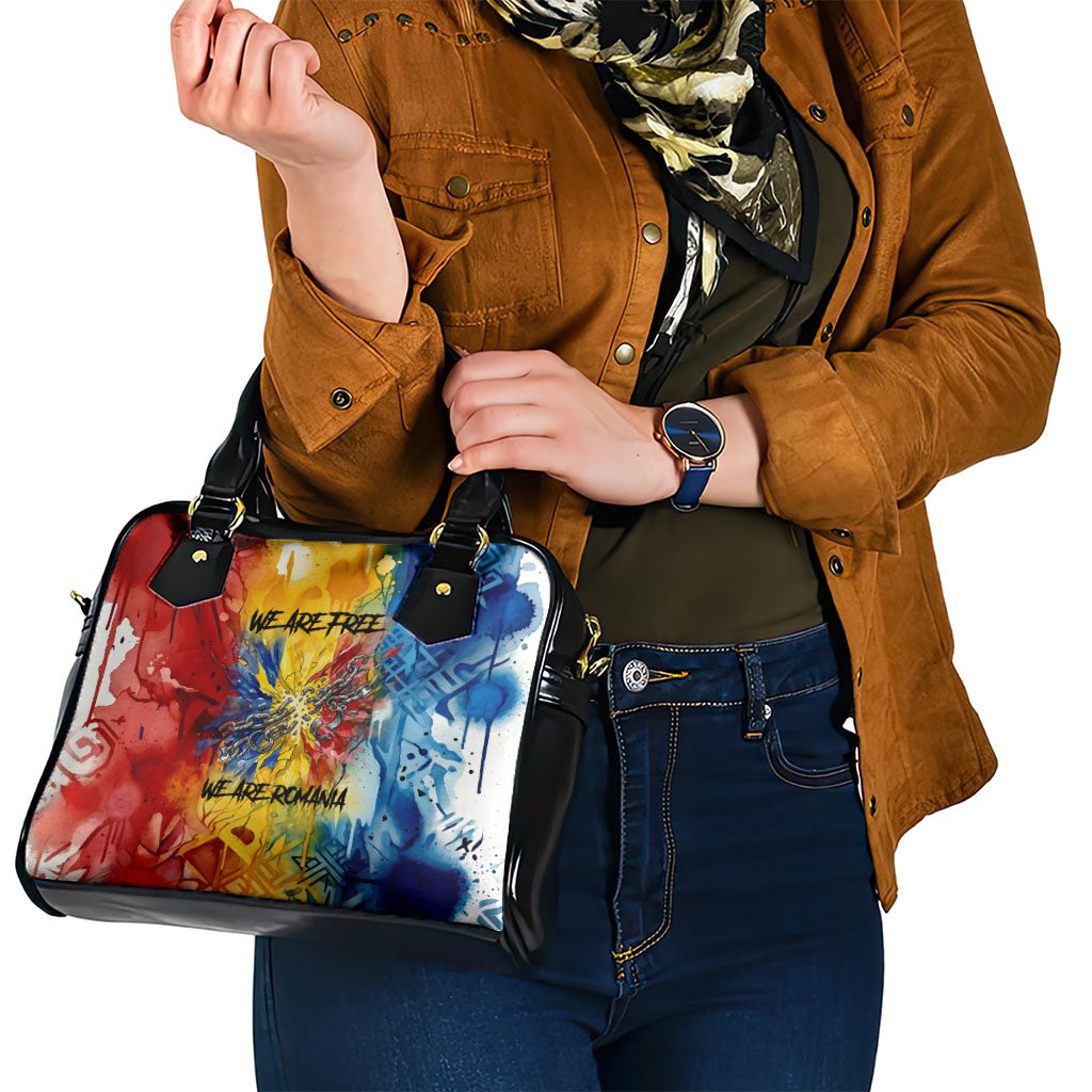 Romania We Are Free Eagle Shoulder Handbag Romanian Flag Broken Chains - Watercolor Style