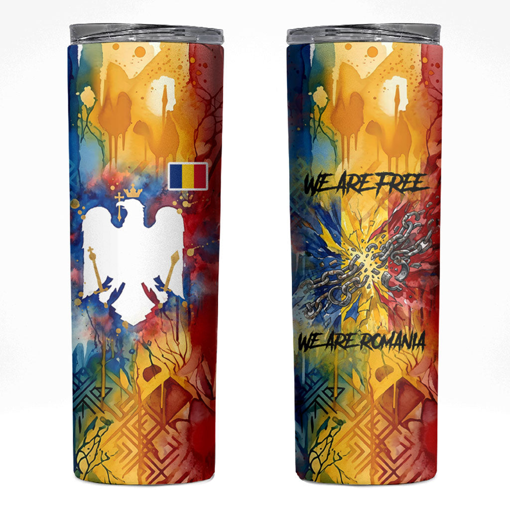 Romania We Are Free Eagle Skinny Tumbler Romanian Flag Broken Chains - Watercolor Style