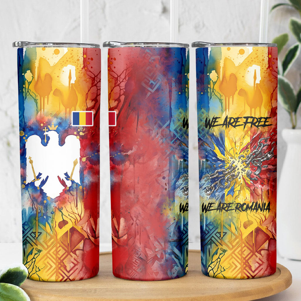 Romania We Are Free Eagle Skinny Tumbler Romanian Flag Broken Chains - Watercolor Style