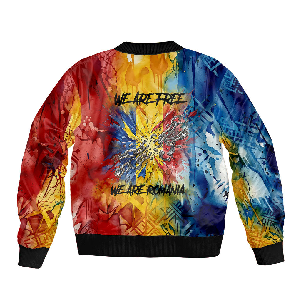 Romania We Are Free Eagle Sleeve Zip Bomber Jacket Romanian Flag Broken Chains - Watercolor Style