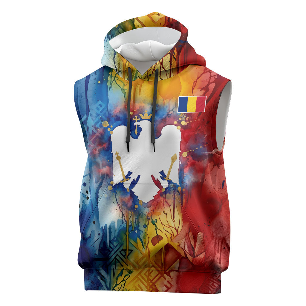 Romania We Are Free Eagle Sleeveless Hoodie Romanian Flag Broken Chains - Watercolor Style