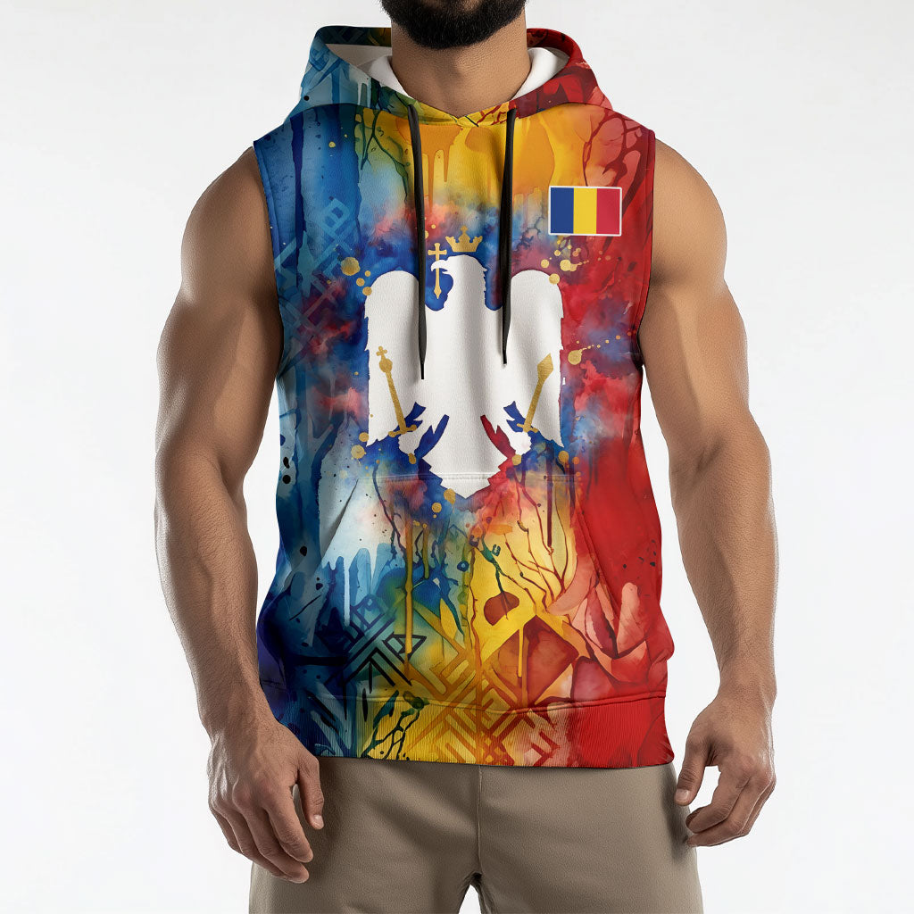 Romania We Are Free Eagle Sleeveless Hoodie Romanian Flag Broken Chains - Watercolor Style