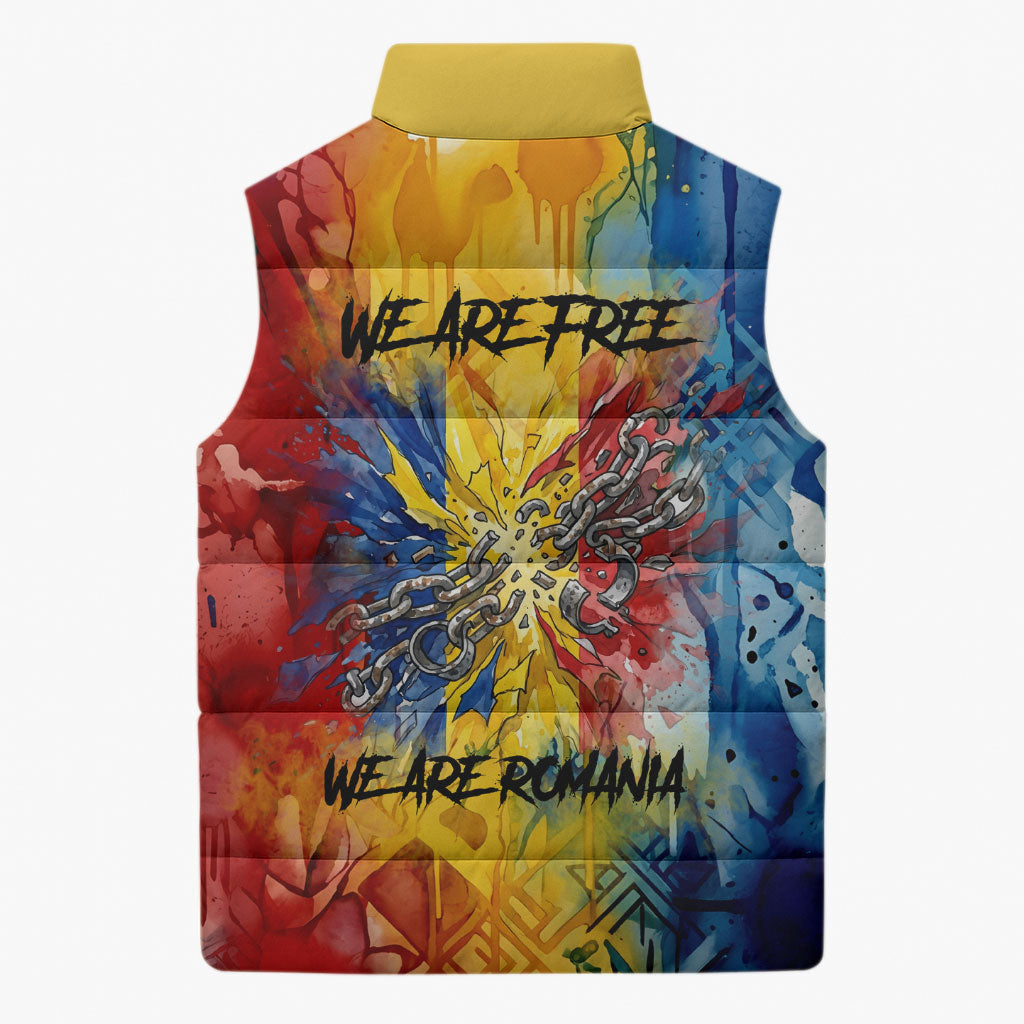 Romania We Are Free Eagle Sleeveless Puffer Jacket Romanian Flag Broken Chains - Watercolor Style