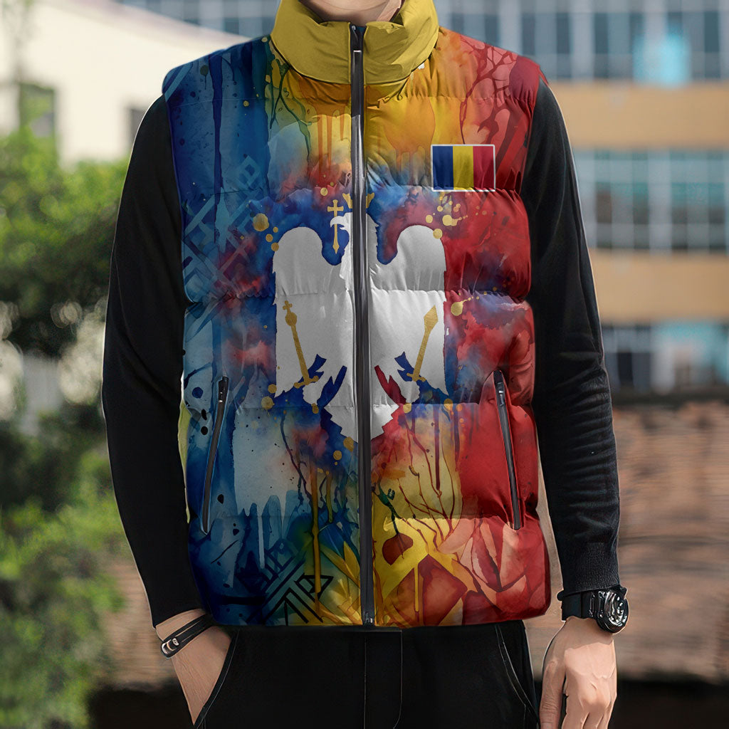 Romania We Are Free Eagle Sleeveless Puffer Jacket Romanian Flag Broken Chains - Watercolor Style