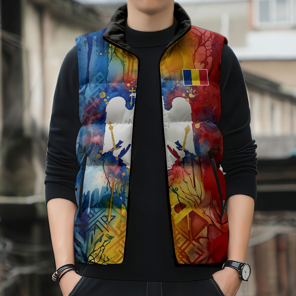 Romania We Are Free Eagle Sleeveless Puffer Jacket Romanian Flag Broken Chains - Watercolor Style