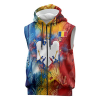 Romania We Are Free Eagle Sleeveless Zip Hoodie Romanian Flag Broken Chains - Watercolor Style