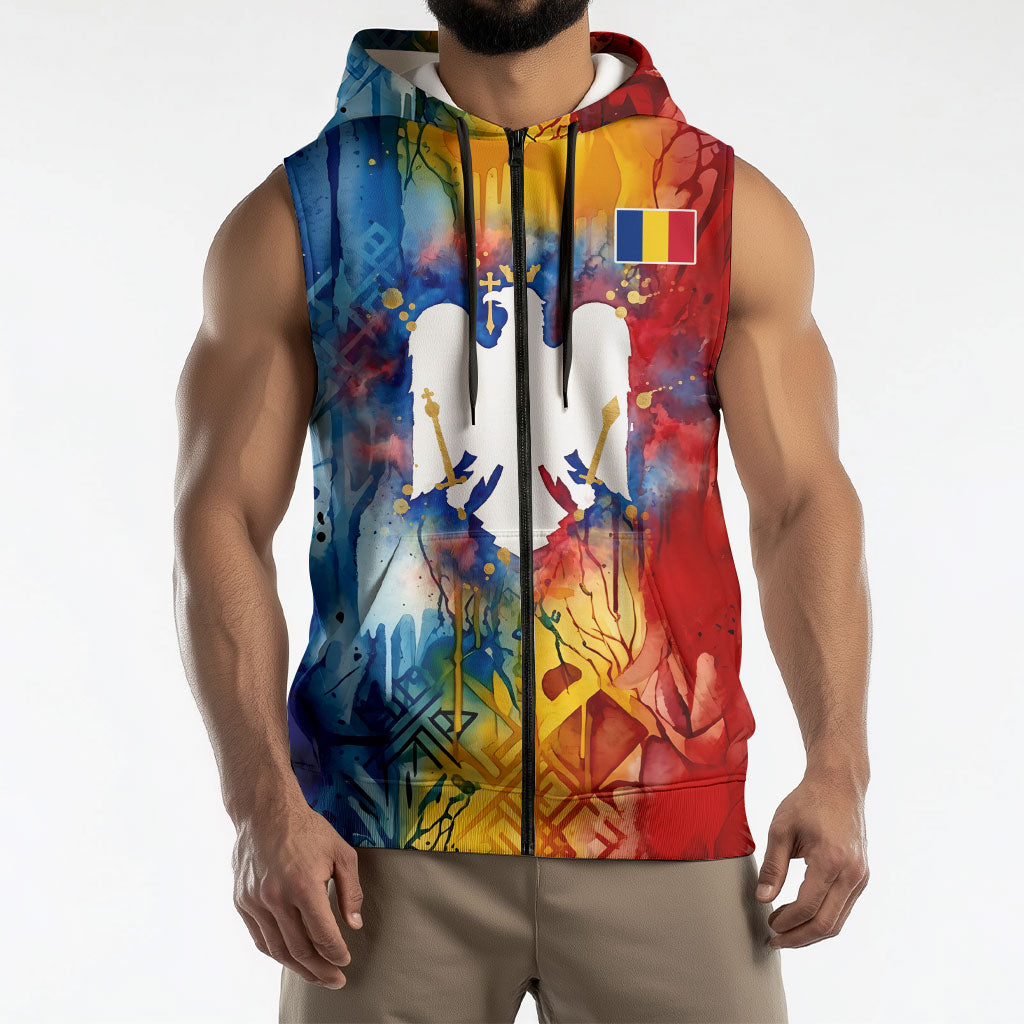 Romania We Are Free Eagle Sleeveless Zip Hoodie Romanian Flag Broken Chains - Watercolor Style