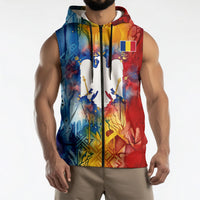 Romania We Are Free Eagle Sleeveless Zip Hoodie Romanian Flag Broken Chains - Watercolor Style