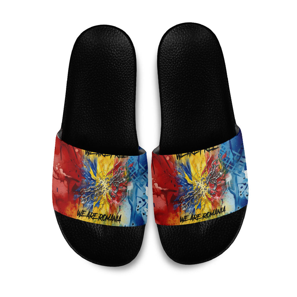Romania We Are Free Eagle Slide Sandals Romanian Flag Broken Chains - Watercolor Style