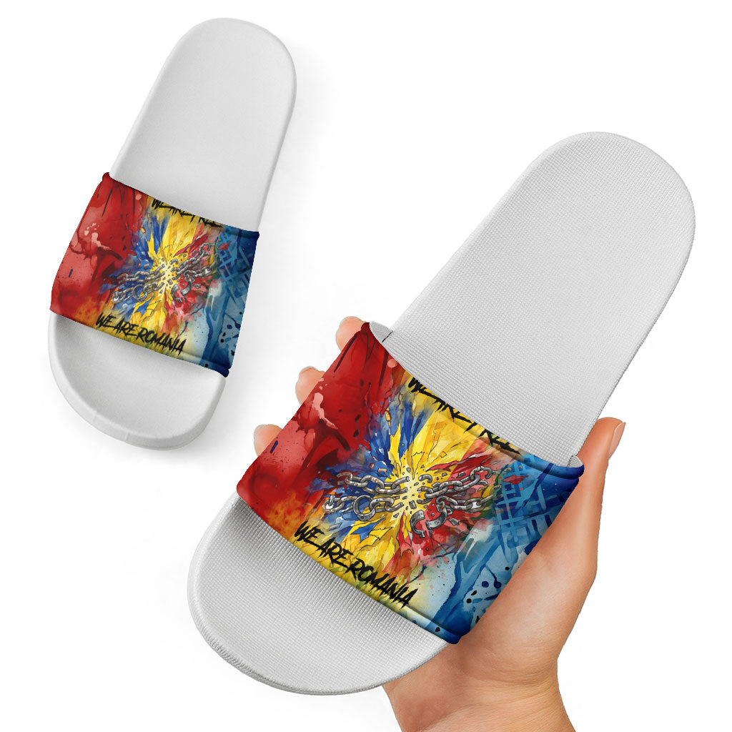 Romania We Are Free Eagle Slide Sandals Romanian Flag Broken Chains - Watercolor Style