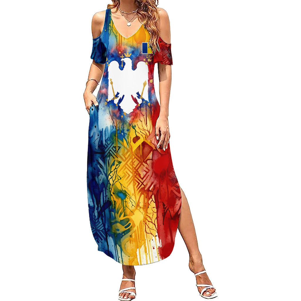 Romania We Are Free Eagle Summer Maxi Dress Romanian Flag Broken Chains - Watercolor Style