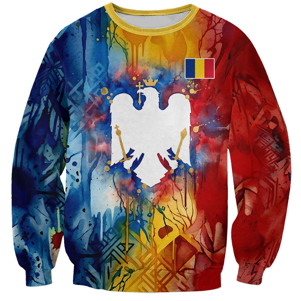 Romania We Are Free Eagle Sweatshirt Romanian Flag Broken Chains - Watercolor Style