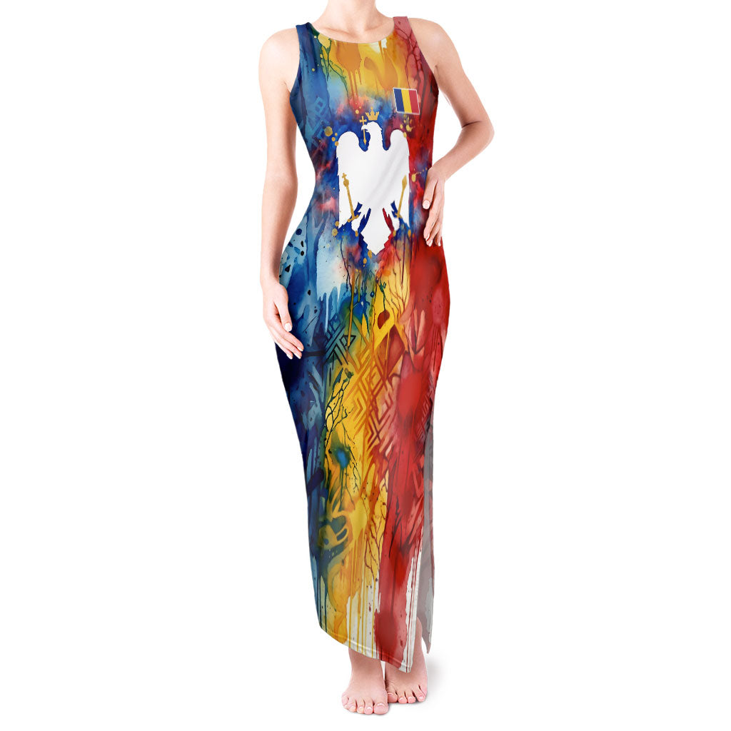 Romania We Are Free Eagle Tank Maxi Dress Romanian Flag Broken Chains - Watercolor Style
