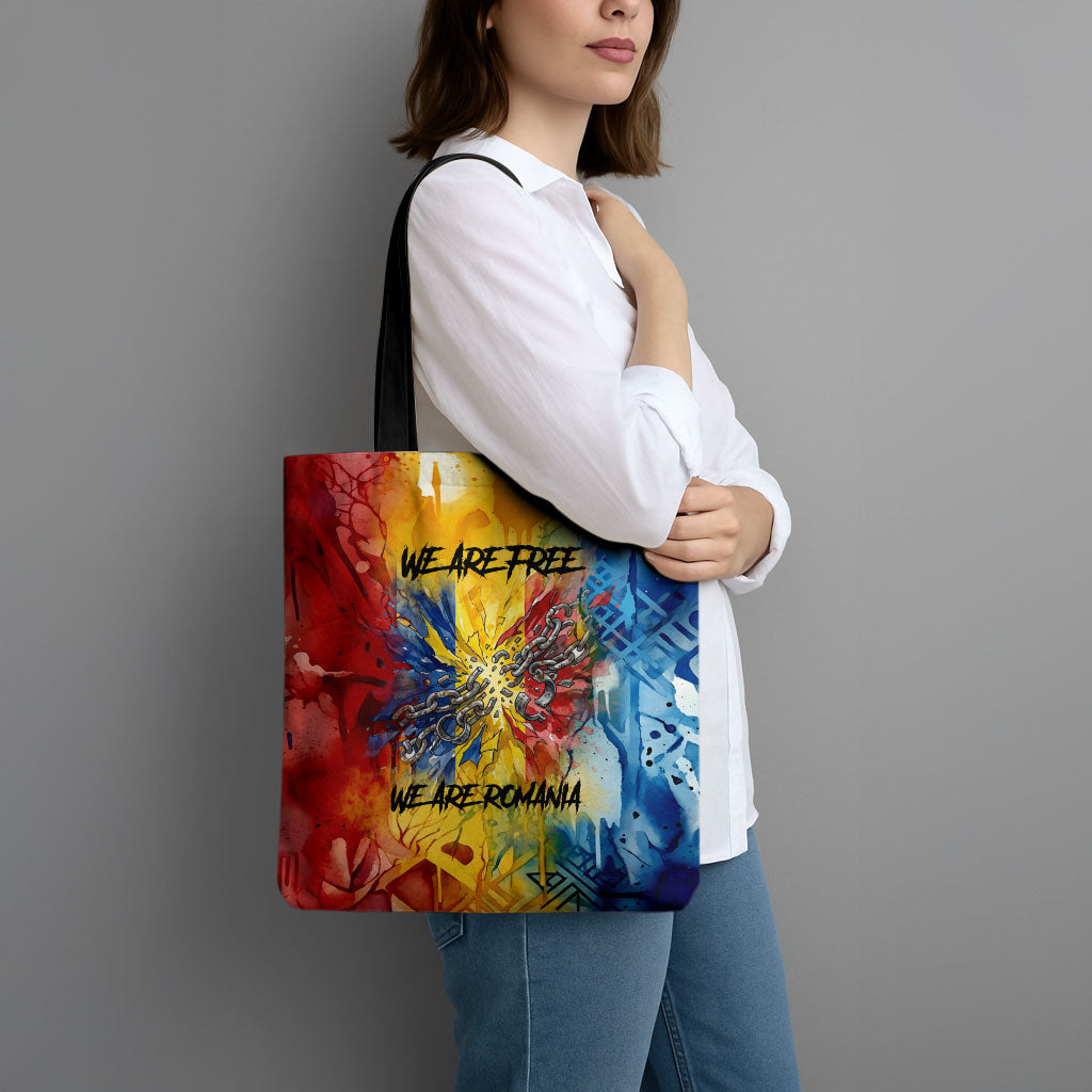 Romania We Are Free Eagle Tote Bag Romanian Flag Broken Chains - Watercolor Style