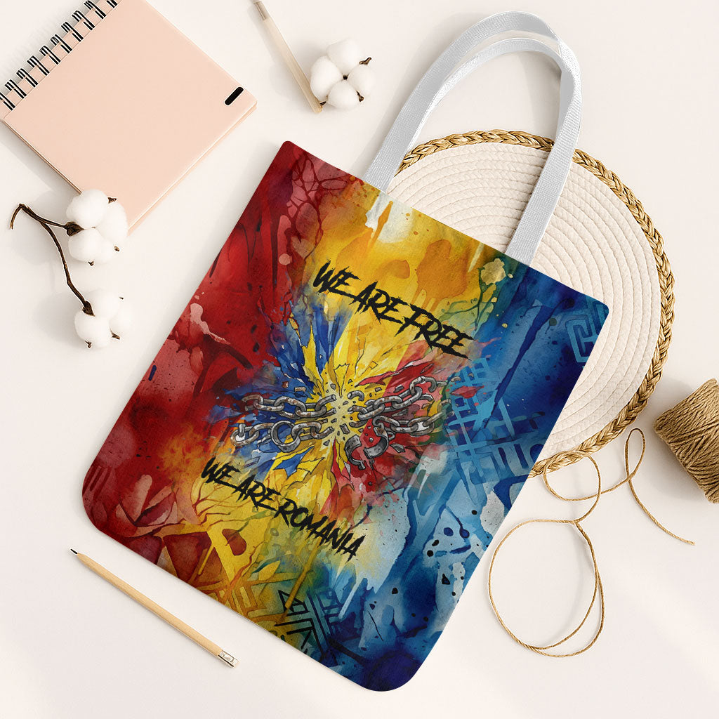 Romania We Are Free Eagle Tote Bag Romanian Flag Broken Chains - Watercolor Style