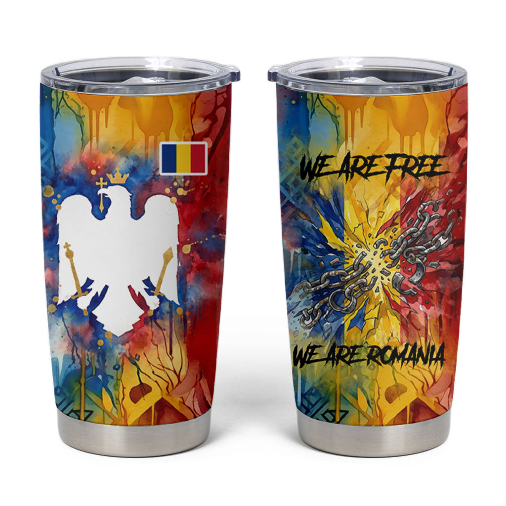 Romania We Are Free Eagle Tumbler Cup Romanian Flag Broken Chains - Watercolor Style