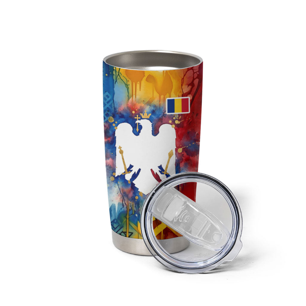 Romania We Are Free Eagle Tumbler Cup Romanian Flag Broken Chains - Watercolor Style