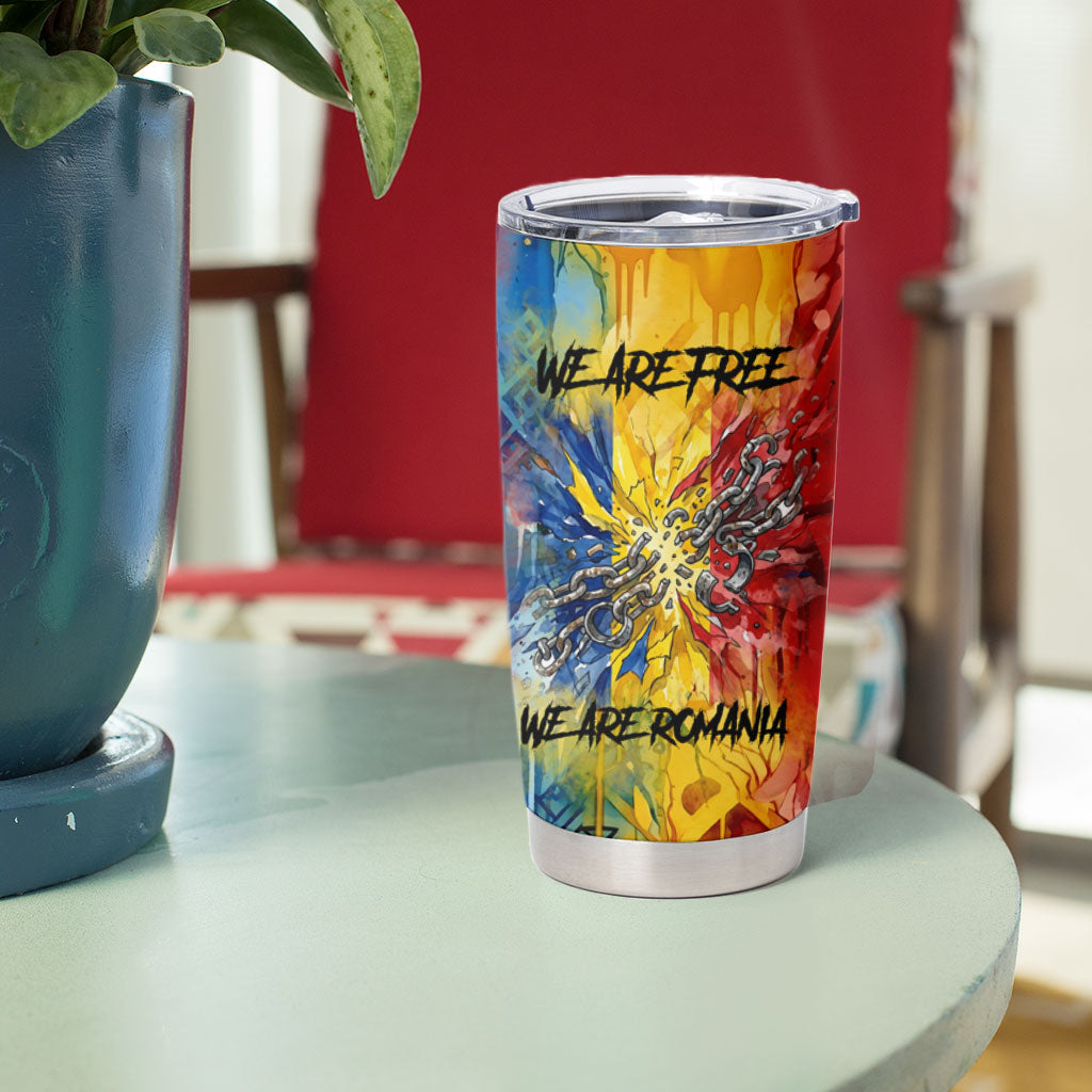Romania We Are Free Eagle Tumbler Cup Romanian Flag Broken Chains - Watercolor Style