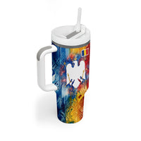 Romania We Are Free Eagle Tumbler With Handle Romanian Flag Broken Chains - Watercolor Style
