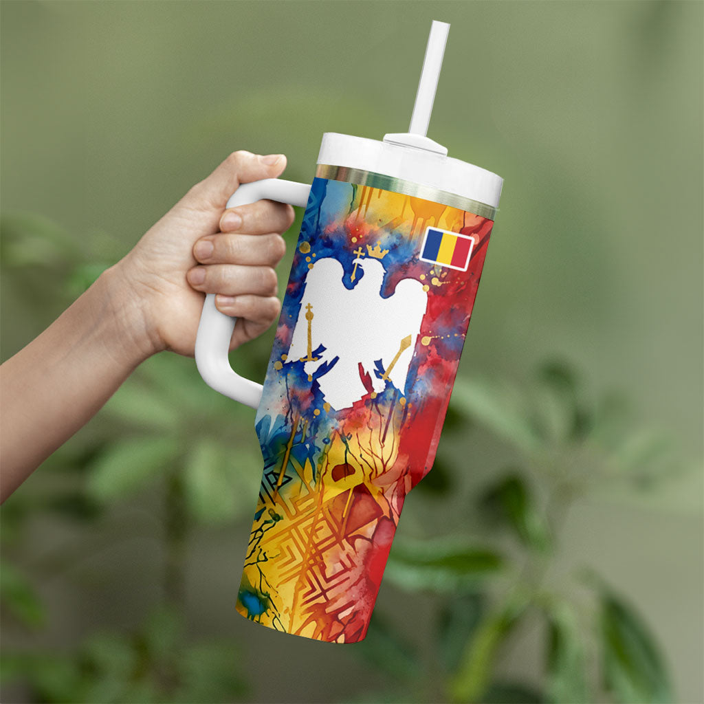 Romania We Are Free Eagle Tumbler With Handle Romanian Flag Broken Chains - Watercolor Style