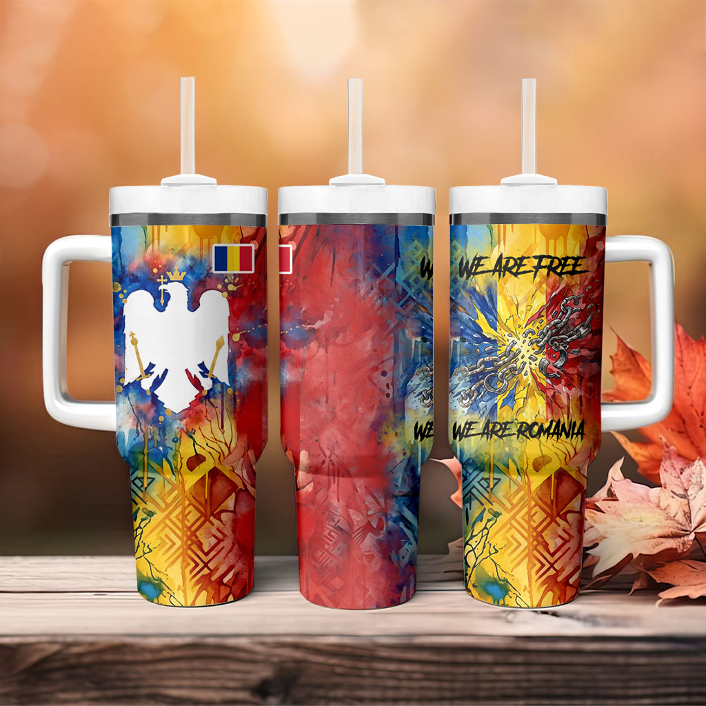 Romania We Are Free Eagle Tumbler With Handle Romanian Flag Broken Chains - Watercolor Style