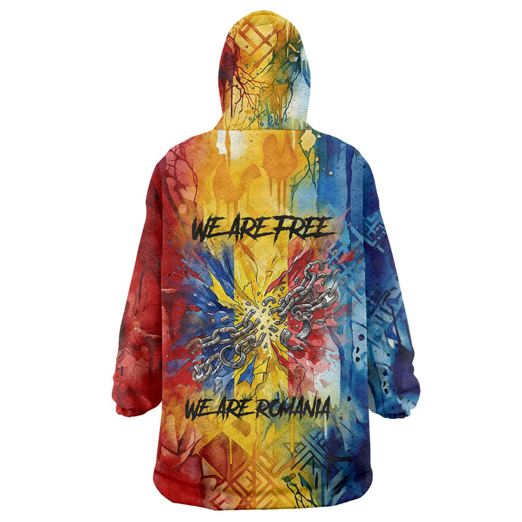 Romania We Are Free Eagle Wearable Blanket Hoodie Romanian Flag Broken Chains - Watercolor Style