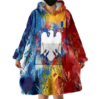 Romania We Are Free Eagle Wearable Blanket Hoodie Romanian Flag Broken Chains - Watercolor Style