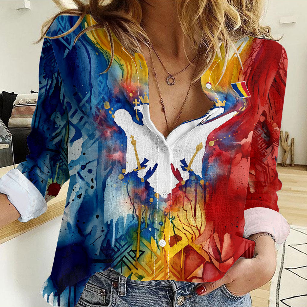 Romania We Are Free Eagle Women Casual Shirt Romanian Flag Broken Chains - Watercolor Style