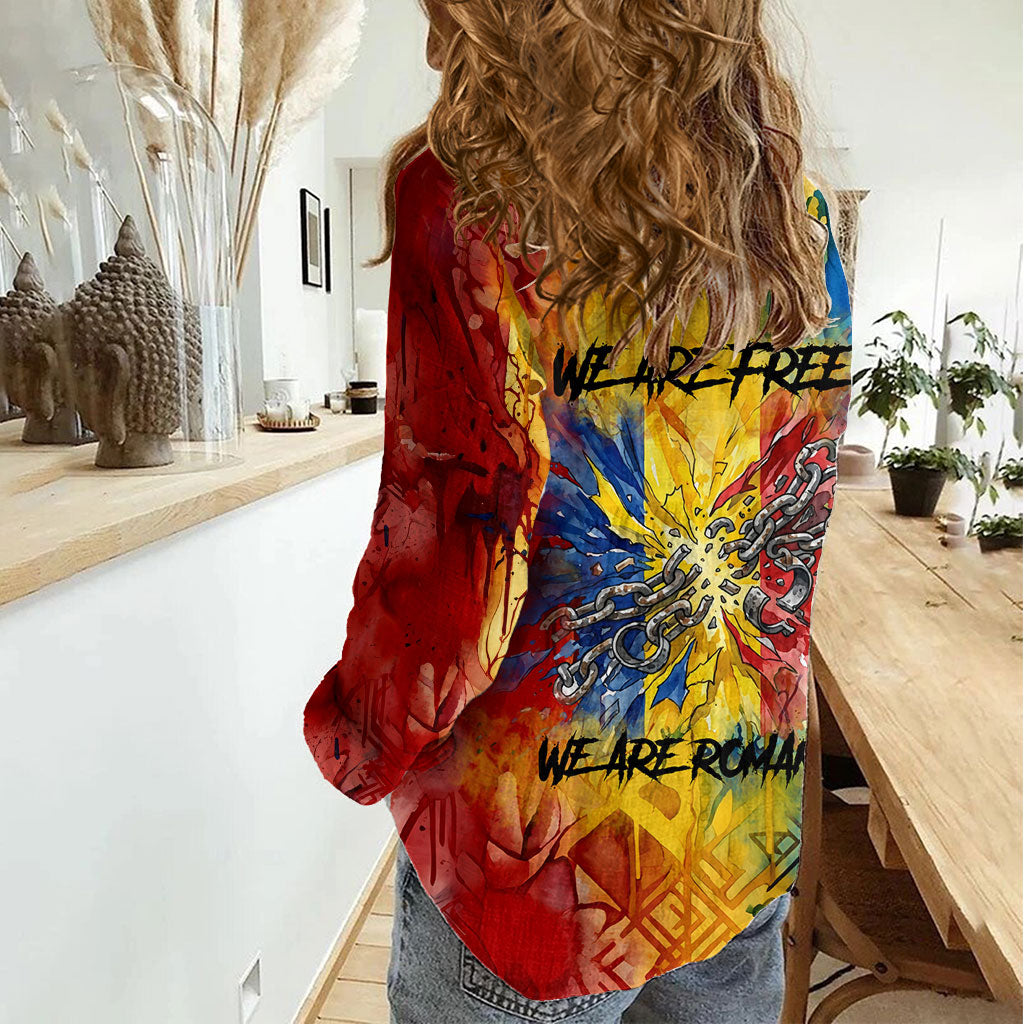 Romania We Are Free Eagle Women Casual Shirt Romanian Flag Broken Chains - Watercolor Style