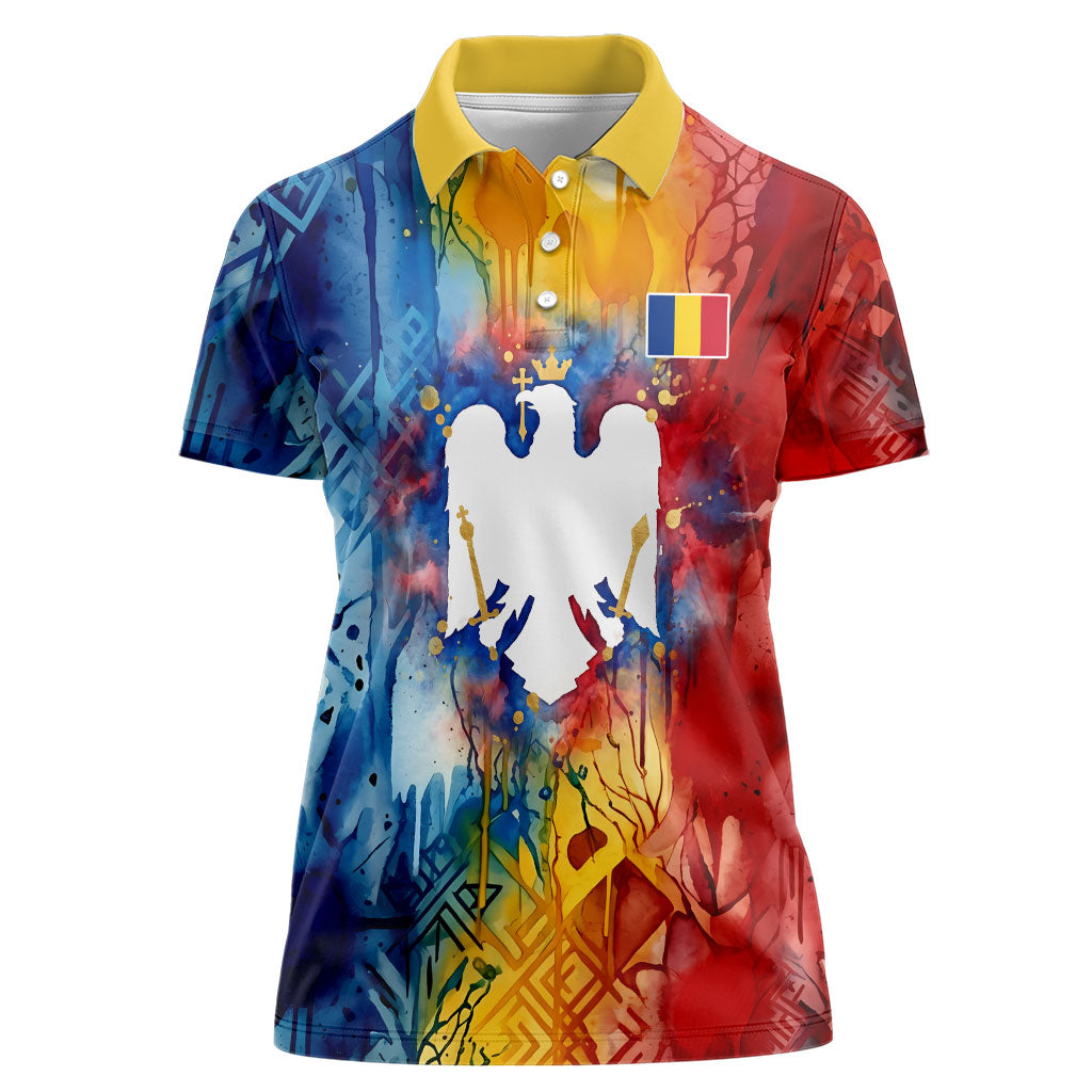 Romania We Are Free Eagle Women Polo Shirt Romanian Flag Broken Chains - Watercolor Style