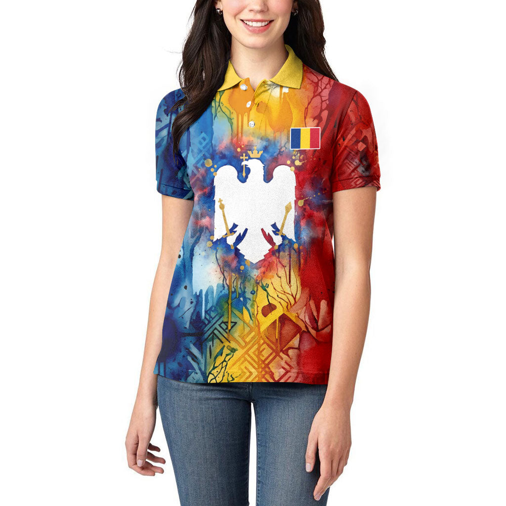 Romania We Are Free Eagle Women Polo Shirt Romanian Flag Broken Chains - Watercolor Style