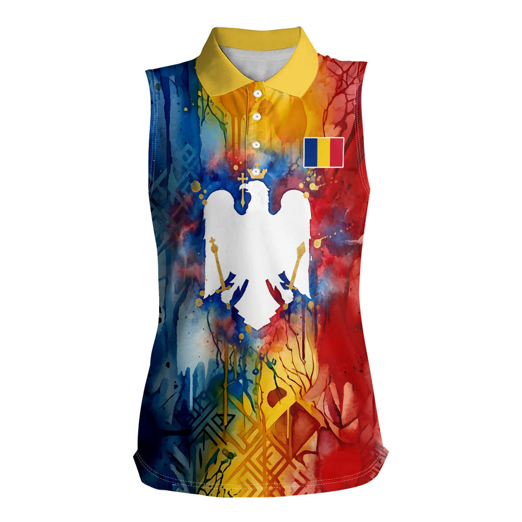 Romania We Are Free Eagle Women Sleeveless Polo Shirt Romanian Flag Broken Chains - Watercolor Style
