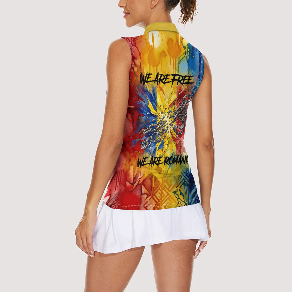 Romania We Are Free Eagle Women Sleeveless Polo Shirt Romanian Flag Broken Chains - Watercolor Style