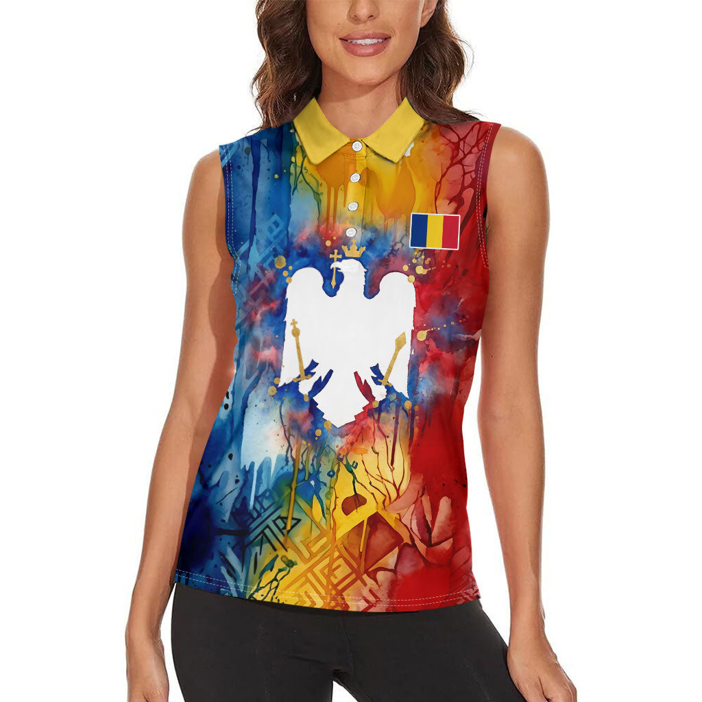 Romania We Are Free Eagle Women Sleeveless Polo Shirt Romanian Flag Broken Chains - Watercolor Style