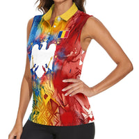 Romania We Are Free Eagle Women Sleeveless Polo Shirt Romanian Flag Broken Chains - Watercolor Style