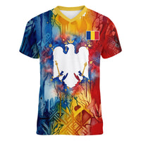 Romania We Are Free Eagle Women V-Neck T-Shirt Romanian Flag Broken Chains - Watercolor Style