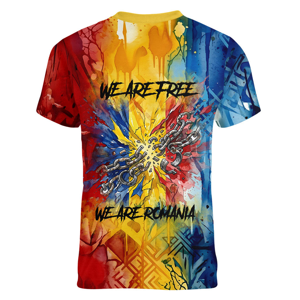 Romania We Are Free Eagle Women V-Neck T-Shirt Romanian Flag Broken Chains - Watercolor Style