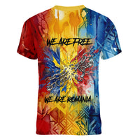 Romania We Are Free Eagle Women V-Neck T-Shirt Romanian Flag Broken Chains - Watercolor Style
