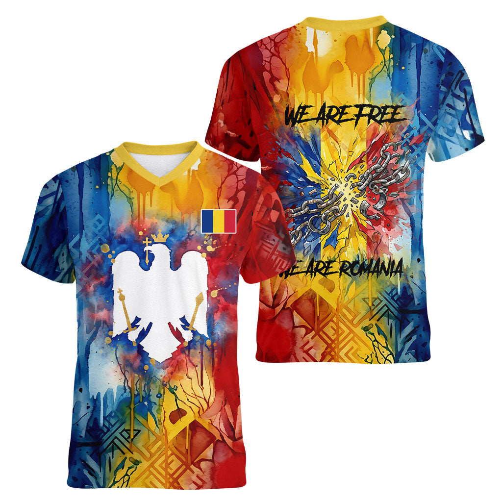 Romania We Are Free Eagle Women V-Neck T-Shirt Romanian Flag Broken Chains - Watercolor Style