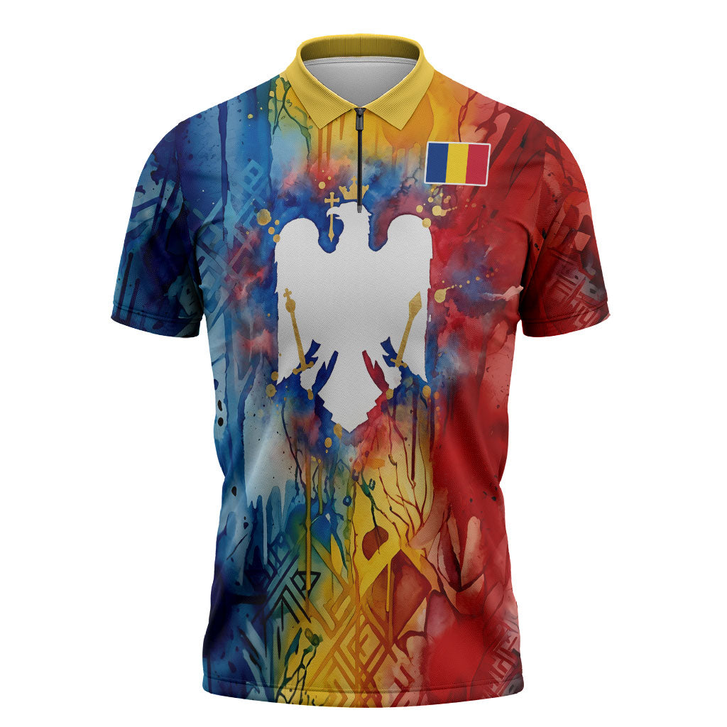Romania We Are Free Eagle Zipper Polo Shirt Romanian Flag Broken Chains - Watercolor Style
