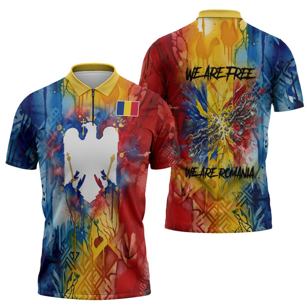 Romania We Are Free Eagle Zipper Polo Shirt Romanian Flag Broken Chains - Watercolor Style