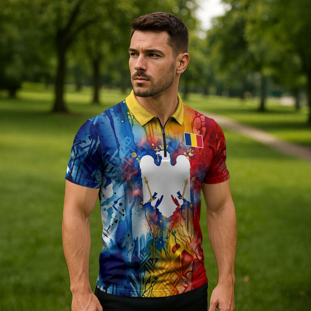Romania We Are Free Eagle Zipper Polo Shirt Romanian Flag Broken Chains - Watercolor Style
